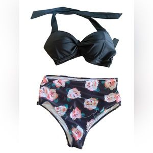 Vintage Swimsuit Two Piece Retro Halter Ruched High Waist Bikini size large NWT